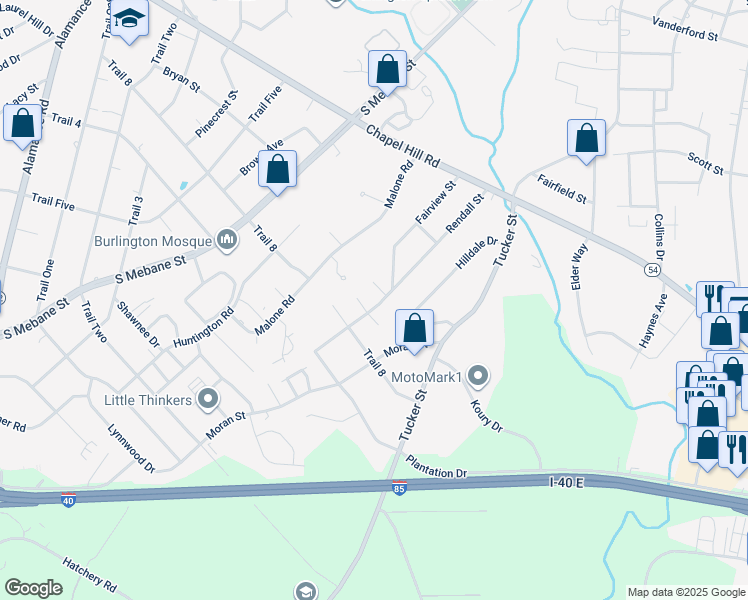 map of restaurants, bars, coffee shops, grocery stores, and more near 703 Rendall Court in Burlington
