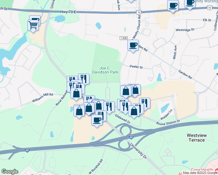 map of restaurants, bars, coffee shops, grocery stores, and more near 577 Retreat Lane in Burlington