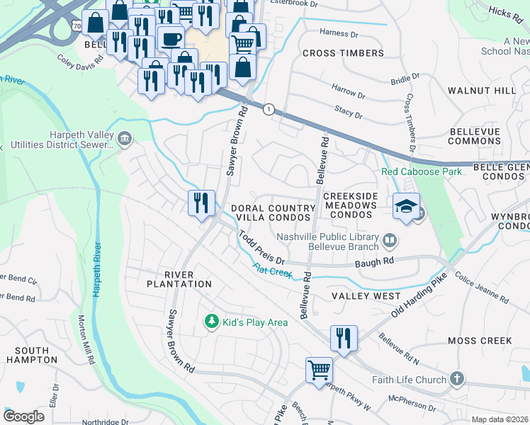 map of restaurants, bars, coffee shops, grocery stores, and more near 745 Albar Drive in Nashville