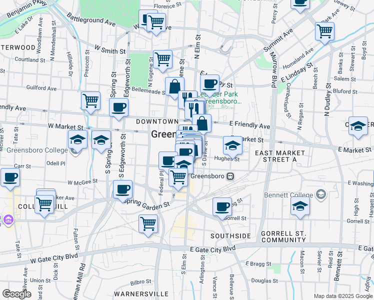 map of restaurants, bars, coffee shops, grocery stores, and more near in Greensboro