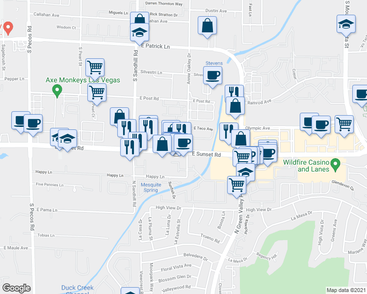 map of restaurants, bars, coffee shops, grocery stores, and more near 3990 East Sunset Road in Las Vegas