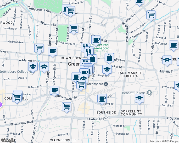map of restaurants, bars, coffee shops, grocery stores, and more near 112 East Market Street in Greensboro