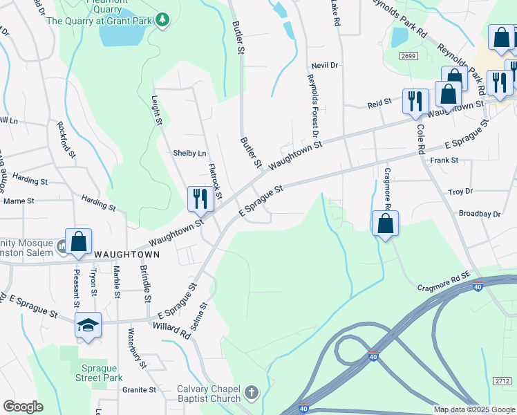 map of restaurants, bars, coffee shops, grocery stores, and more near 2120 East Sprague Street in Winston-Salem