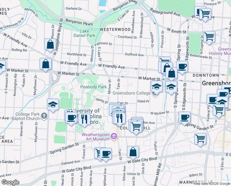map of restaurants, bars, coffee shops, grocery stores, and more near 126 State Street in Greensboro