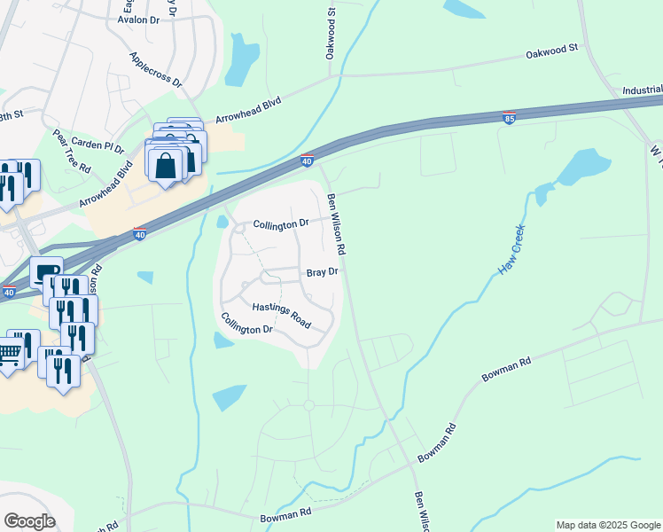 map of restaurants, bars, coffee shops, grocery stores, and more near 104 Bray Drive in Mebane