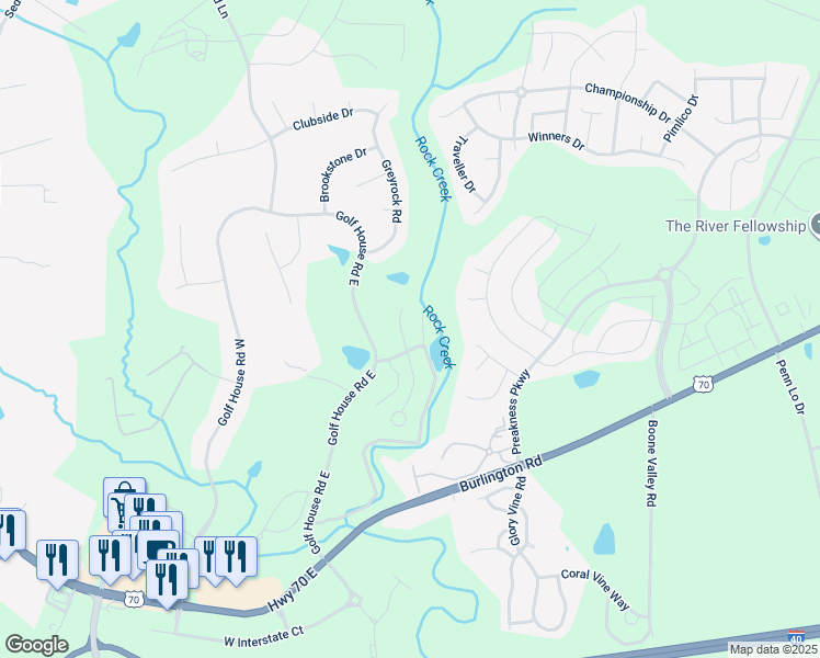 map of restaurants, bars, coffee shops, grocery stores, and more near 808 Haddington Court North in Whitsett