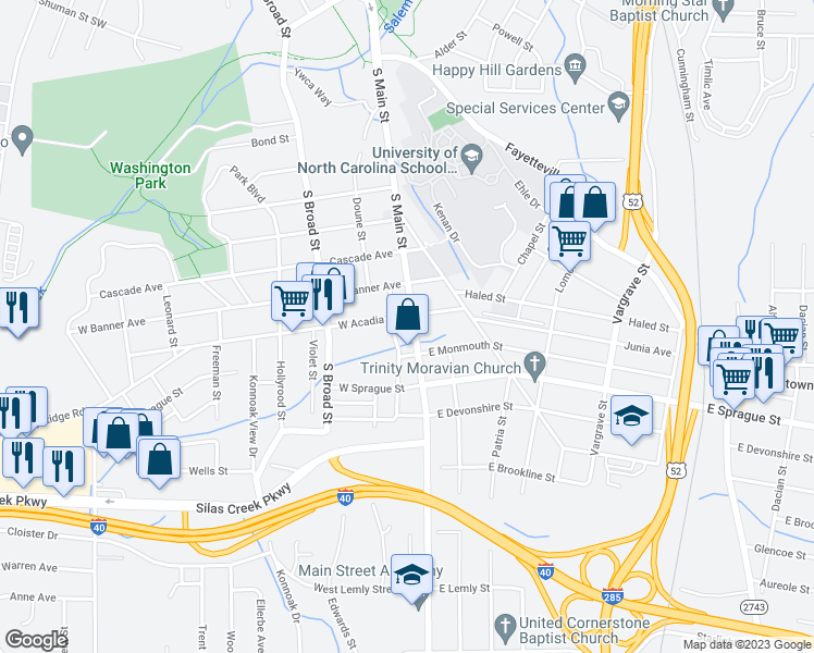 map of restaurants, bars, coffee shops, grocery stores, and more near 2106 South Main Street in Winston-Salem