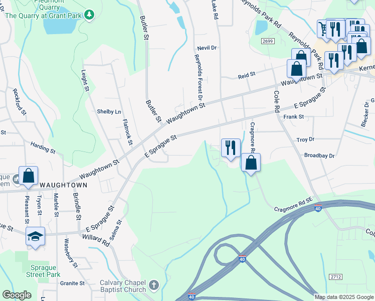 map of restaurants, bars, coffee shops, grocery stores, and more near 2334 East Sprague Street in Winston-Salem