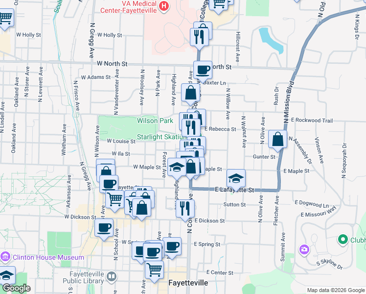 map of restaurants, bars, coffee shops, grocery stores, and more near 617 North College Avenue in Fayetteville