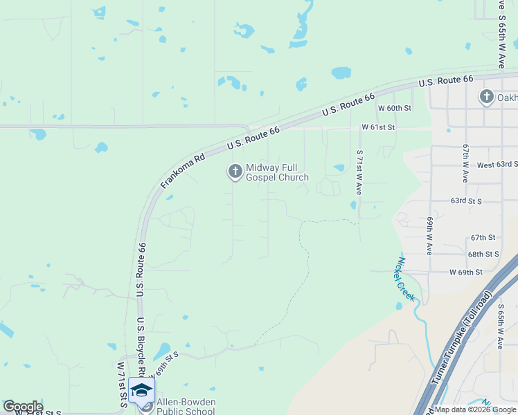 map of restaurants, bars, coffee shops, grocery stores, and more near 6342 South 78th West Avenue in Tulsa