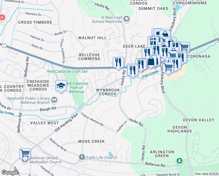 map of restaurants, bars, coffee shops, grocery stores, and more near 228 Wynbrook Court in Nashville