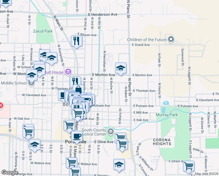 map of restaurants, bars, coffee shops, grocery stores, and more near 351 North Roche Street in Porterville