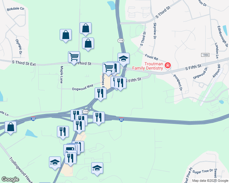 map of restaurants, bars, coffee shops, grocery stores, and more near 1241 South Fifth Street in Mebane