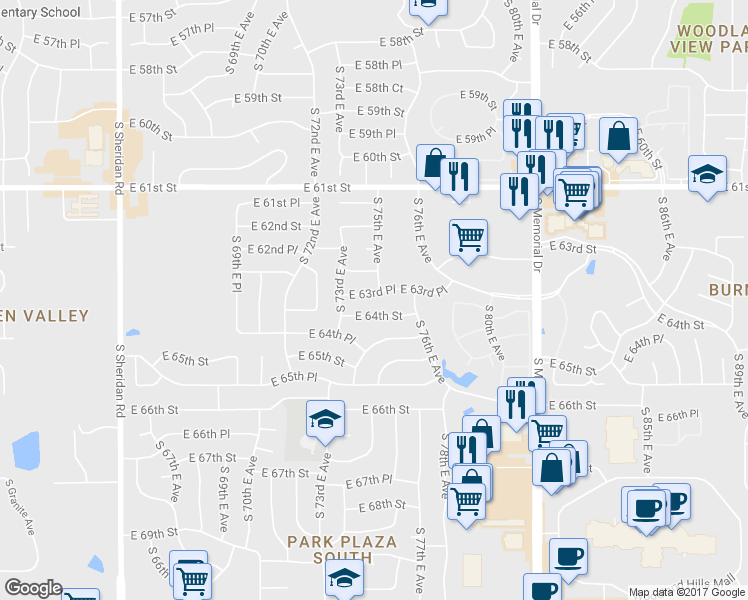 map of restaurants, bars, coffee shops, grocery stores, and more near 7414 East 63rd Place in Tulsa