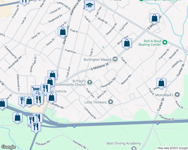 map of restaurants, bars, coffee shops, grocery stores, and more near 2016 South Mebane Street in Burlington
