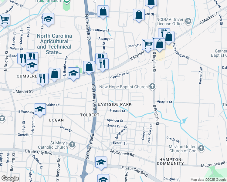 map of restaurants, bars, coffee shops, grocery stores, and more near 300 York Street in Greensboro