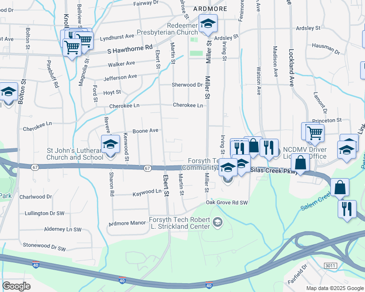 map of restaurants, bars, coffee shops, grocery stores, and more near 1417 Ebert Street in Winston-Salem