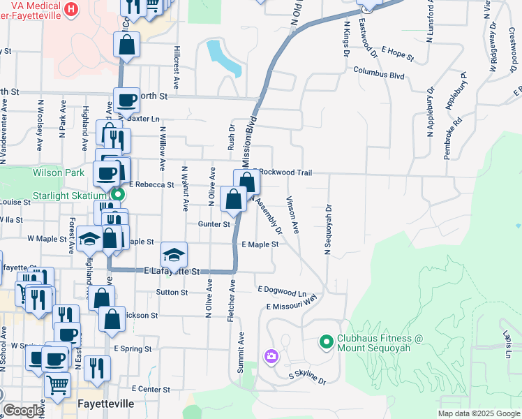 map of restaurants, bars, coffee shops, grocery stores, and more near 643-699 North Assembly Road in Fayetteville