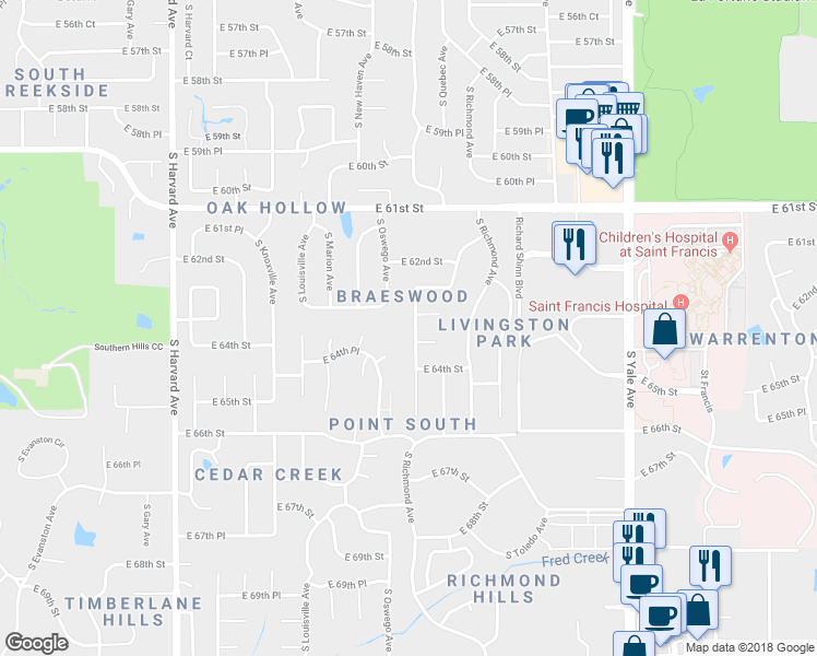 map of restaurants, bars, coffee shops, grocery stores, and more near 6228 South Pittsburg Avenue in Tulsa