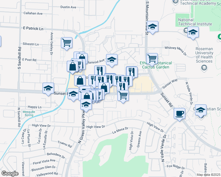 map of restaurants, bars, coffee shops, grocery stores, and more near 4350 Sunset Road in Henderson