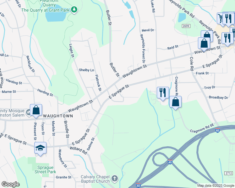 map of restaurants, bars, coffee shops, grocery stores, and more near 2120 East Sprague Street in Winston-Salem
