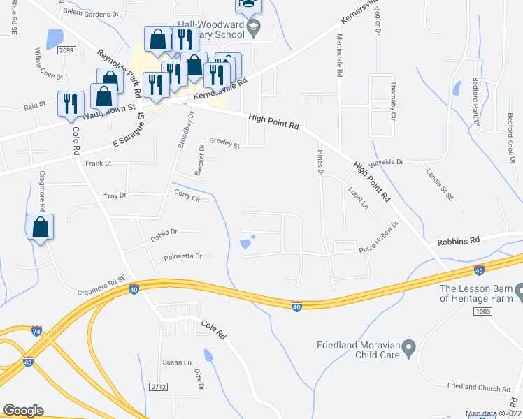 map of restaurants, bars, coffee shops, grocery stores, and more near 3155 Ridgeback Drive in Winston-Salem