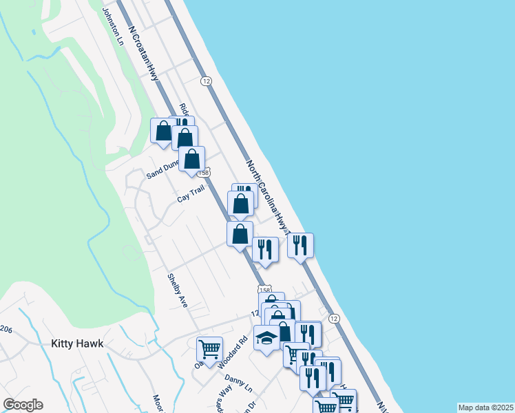 map of restaurants, bars, coffee shops, grocery stores, and more near 4011 Lindbergh Avenue in Kitty Hawk