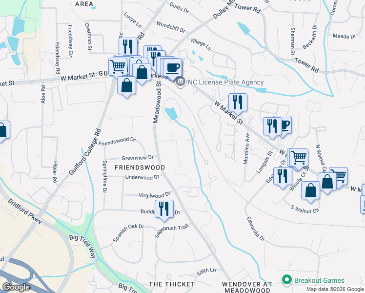 map of restaurants, bars, coffee shops, grocery stores, and more near 5602 Richland Street in Greensboro