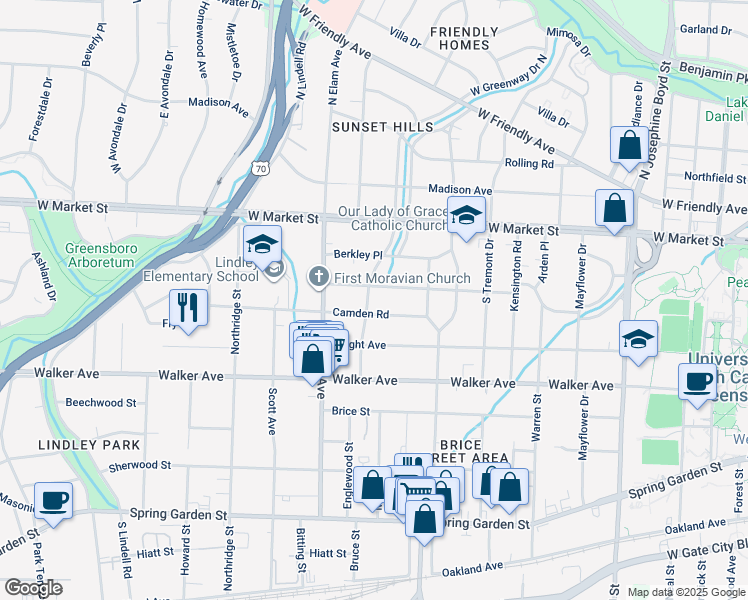 map of restaurants, bars, coffee shops, grocery stores, and more near 305 West Greenway Drive South in Greensboro