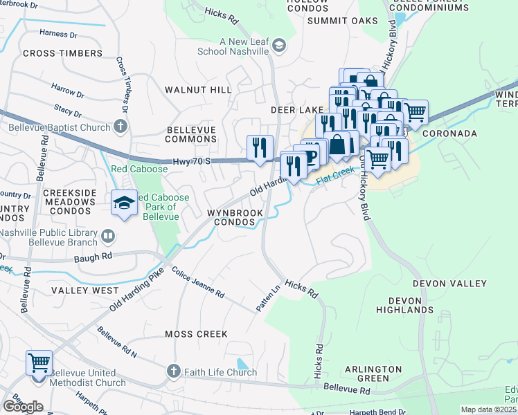 map of restaurants, bars, coffee shops, grocery stores, and more near 264 Hicks Road in Nashville