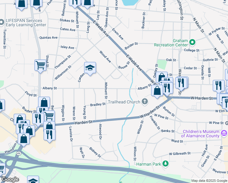 map of restaurants, bars, coffee shops, grocery stores, and more near 222 Albany Street in Burlington