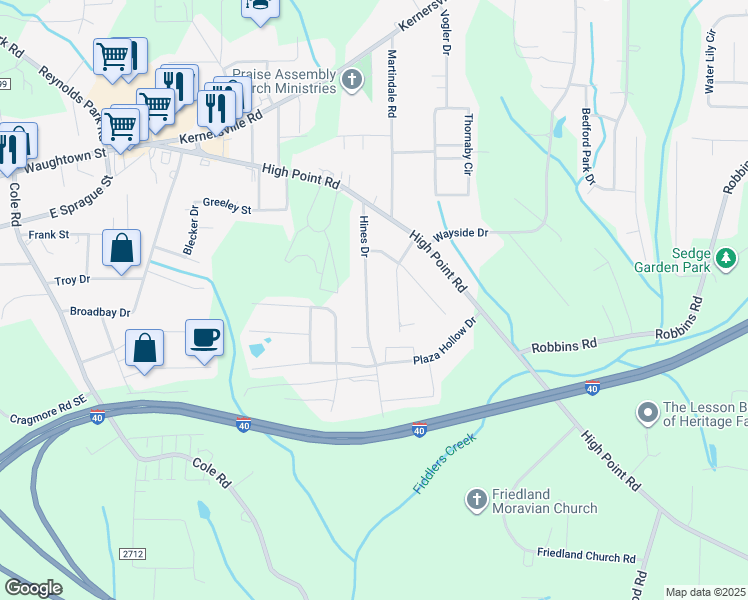 map of restaurants, bars, coffee shops, grocery stores, and more near 138 Hines Drive in Winston-Salem