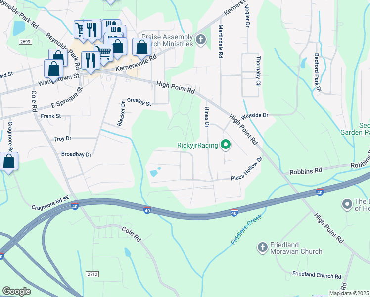 map of restaurants, bars, coffee shops, grocery stores, and more near 3207 Ridgeback Drive in Winston-Salem