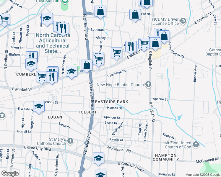 map of restaurants, bars, coffee shops, grocery stores, and more near 300 York Street in Greensboro