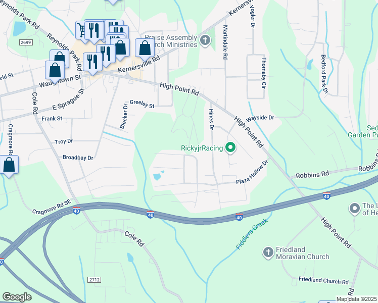 map of restaurants, bars, coffee shops, grocery stores, and more near 3207 Ridgeback Drive in Winston-Salem
