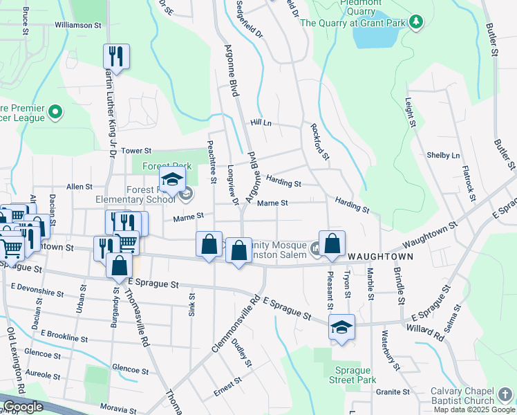 map of restaurants, bars, coffee shops, grocery stores, and more near 1316 Marne Street in Winston-Salem