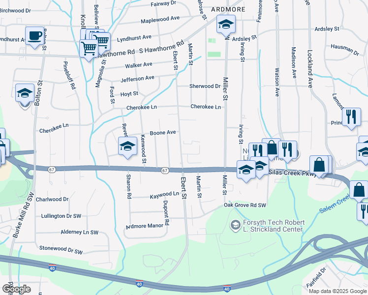 map of restaurants, bars, coffee shops, grocery stores, and more near 1425 Ebert Street in Winston-Salem