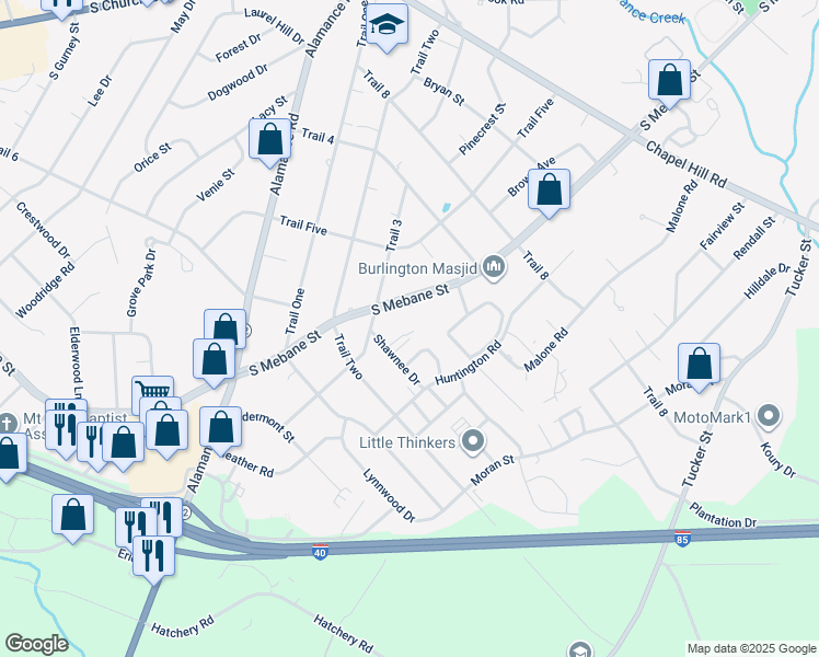 map of restaurants, bars, coffee shops, grocery stores, and more near 716 Shawnee Drive in Burlington