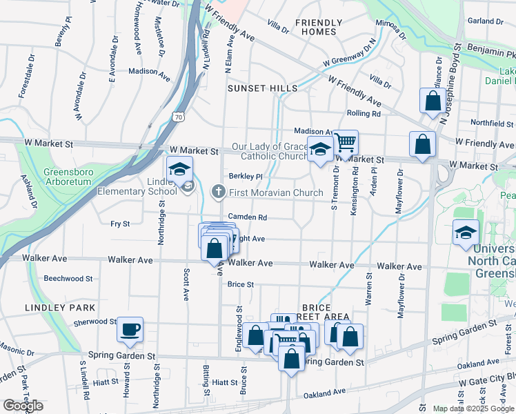 map of restaurants, bars, coffee shops, grocery stores, and more near 305 West Greenway Drive South in Greensboro