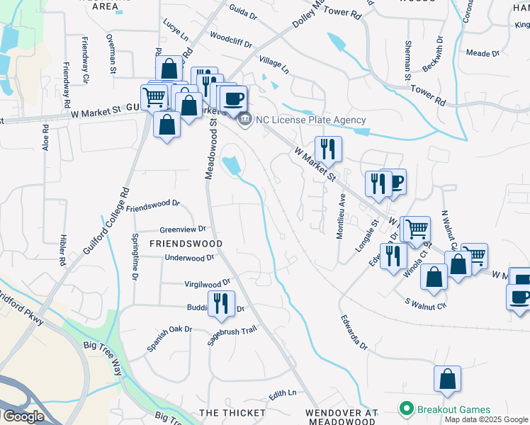 map of restaurants, bars, coffee shops, grocery stores, and more near 5511 Richland Street in Greensboro