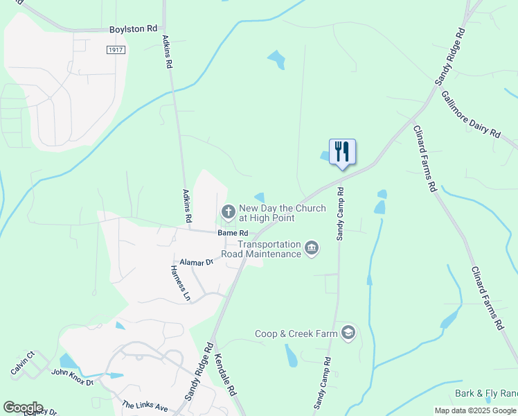 map of restaurants, bars, coffee shops, grocery stores, and more near 2205 Sandy Ridge Road in High Point