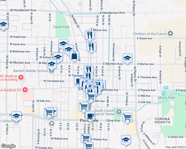 map of restaurants, bars, coffee shops, grocery stores, and more near 334 North Main Street in Porterville