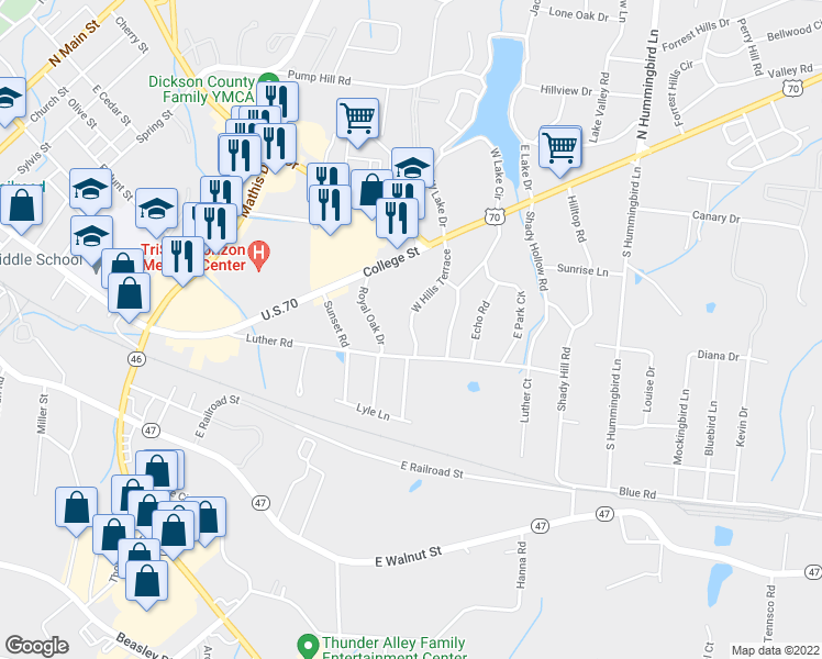map of restaurants, bars, coffee shops, grocery stores, and more near 107 West Hills Terrace in Dickson
