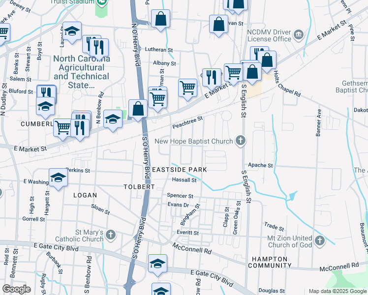 map of restaurants, bars, coffee shops, grocery stores, and more near 301 York Street in Greensboro