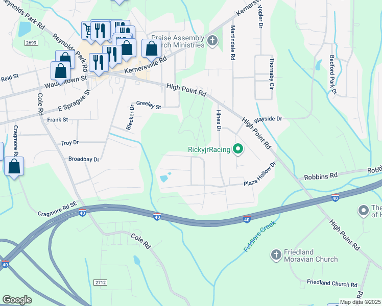 map of restaurants, bars, coffee shops, grocery stores, and more near 3193 Ridgeback Drive in Winston-Salem