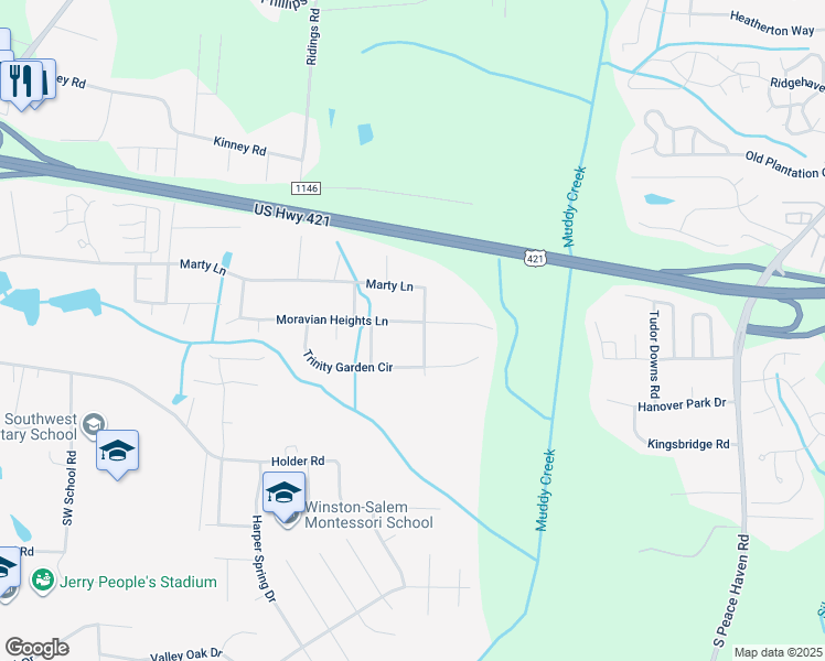 map of restaurants, bars, coffee shops, grocery stores, and more near 5464 Moravian Heights Lane in Clemmons