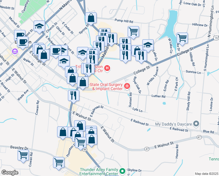 map of restaurants, bars, coffee shops, grocery stores, and more near 108 U.S.70 in Dickson
