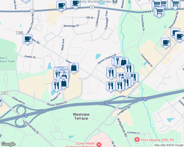 map of restaurants, bars, coffee shops, grocery stores, and more near 800 Boone Station Drive in Burlington