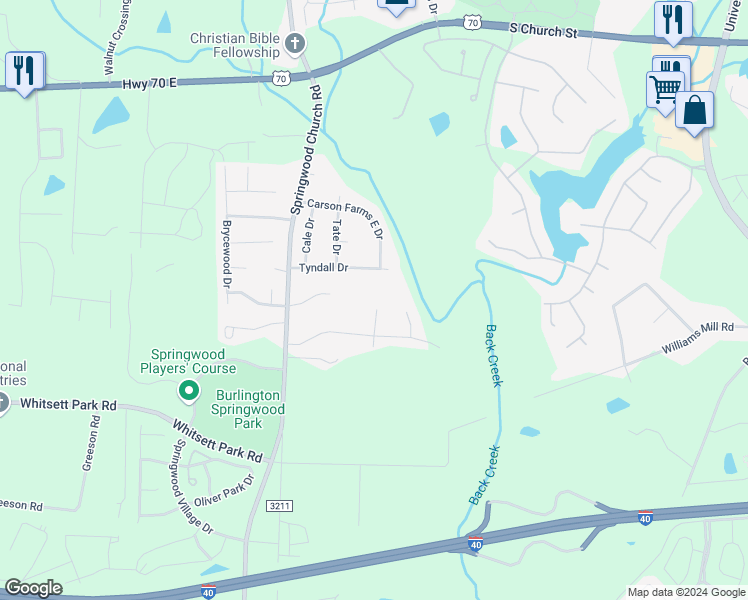 map of restaurants, bars, coffee shops, grocery stores, and more near 1301 Crystal Skye Court in Burlington