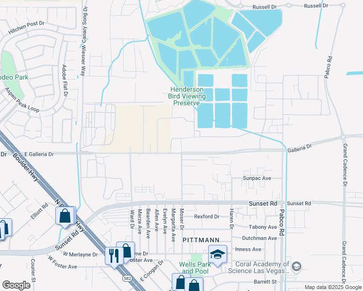 map of restaurants, bars, coffee shops, grocery stores, and more near 2400 Moser Drive in Henderson